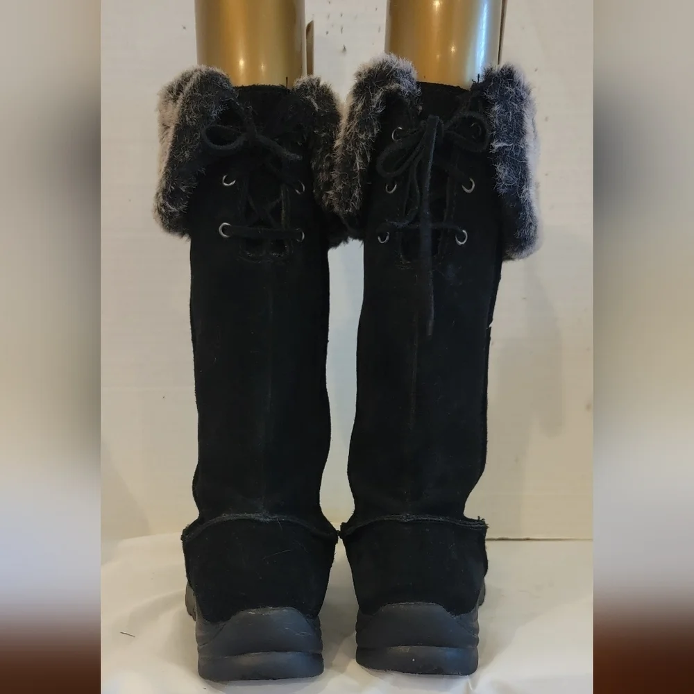 KHOMBU BLACK SUEDE LEATHER MID CALF BOOTS WITH FAUX FUR TRIM (sz‎ 4)
